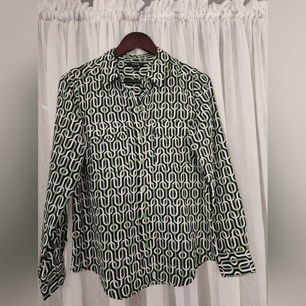 Alfani Black and White Geometric Blouse with Green Accents - Picture 2 of 10